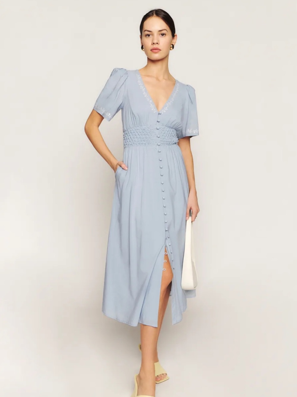 REFORMATION KAMRYN DRESS Light Blue V-Neck Button-Front Midi Dress